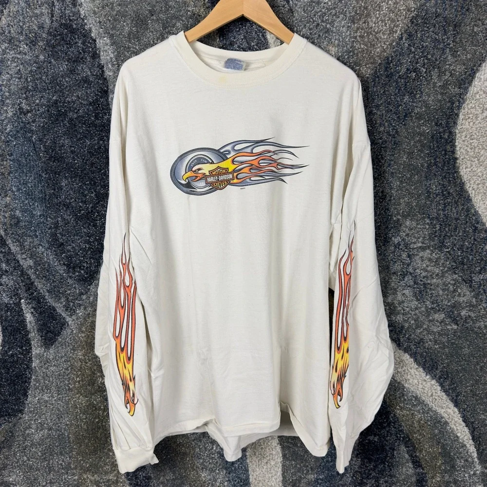 Vintage Harley-Davidson Long Sleeve Shirt Mens XXL Cream 2002 Flame Eagle‎ Biker